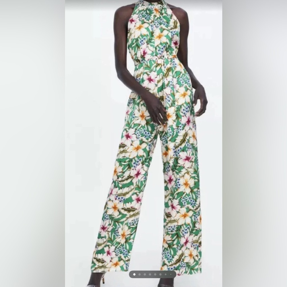 Zara Green Floral Halter Straight-Leg Jumpsuit